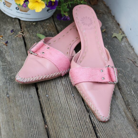 Yellow Box Anthropologie Pink Leather Pointy Toe Pony Hair Strap Kitten Heels 6 - Picture 1 of 10